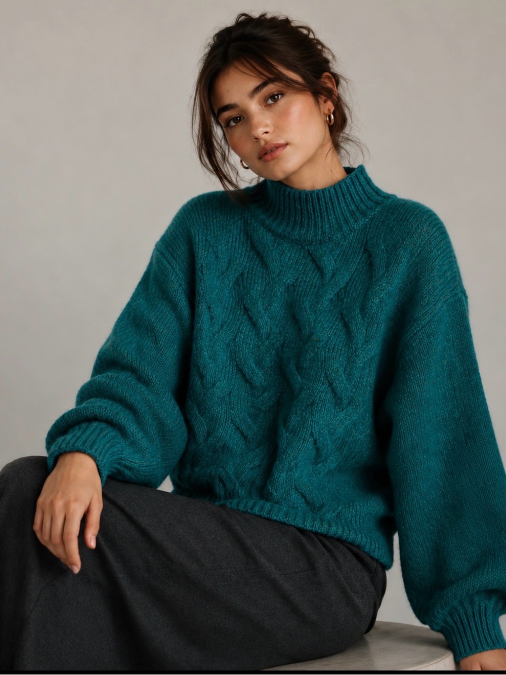 Nine West Teal Cable Knit Sweater Mock Turtleneck Pull Over XS NWT
